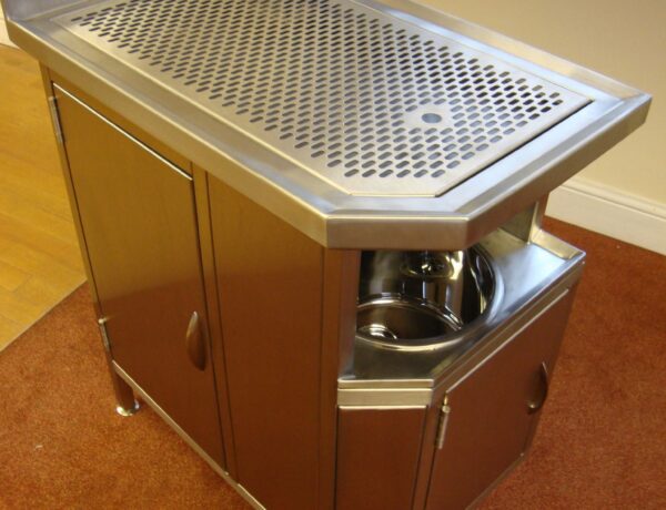 Bespoke Stainless steel drinks cabinet with perforated stainless steel drip tray top and inset bowl, fabricated by SAMS Fabrications
