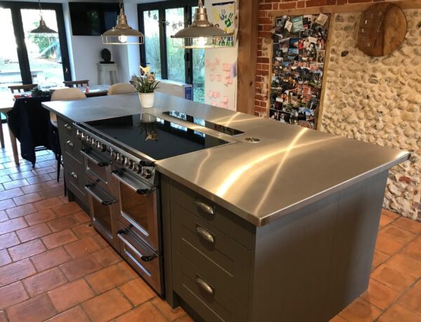 Bespoke stainless steel kitchen island worktop fabricated and fitted by SAMS Fabrications Norwich