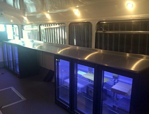 Stainless steel bar worktops with fitted bottle fridges