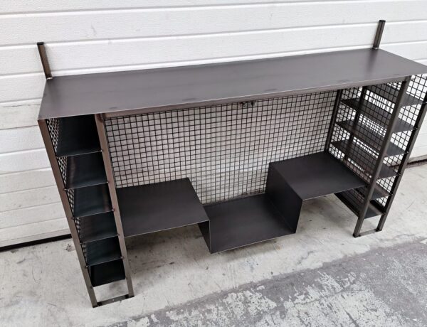 Black steel workstation bench with mesh back panel