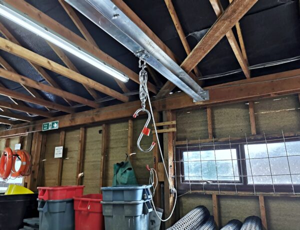 Lifting hook in a boat shed
