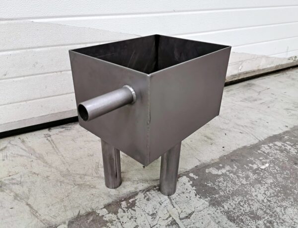 Welded stainless steel hopper box with outlet pipe
