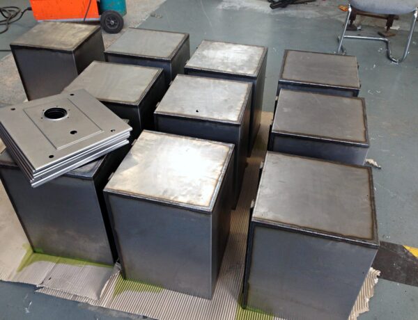 Batch of folded steel boxes with lids, fabricated to order