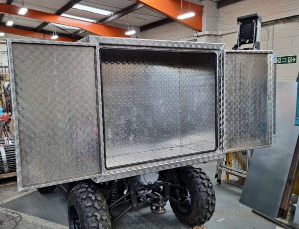 Aluminium chequer plate tool box enclosure with hinged doors